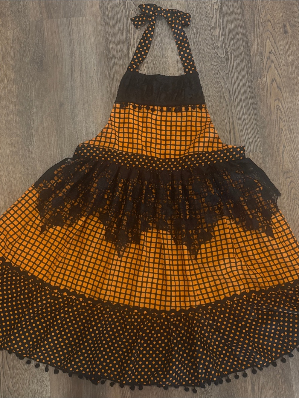 Halloween Orange & Black Polka Dot Lace Bib Apron Adjustable One Size